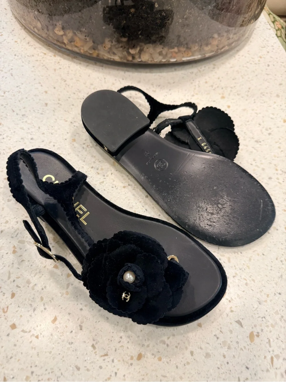 CHANEL Black Camellia Pearl-Accent Slingback Sandals